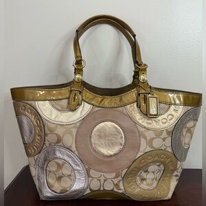 Coach “Carly” patchwork Metallic Gold and Silver Circle Tote bag